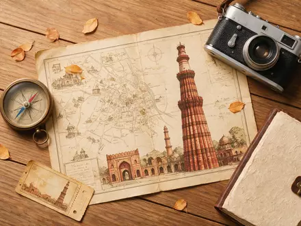 Flatlay-Reise-Arrangement rund um Qutb Minar Delhi in Delhi Indien, Karte Kompass Kamera und generische Reiserequisiten - Foto: THN