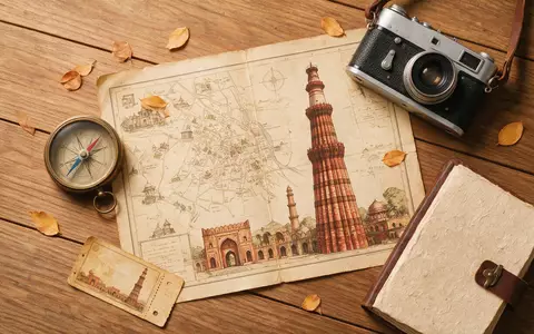 Flatlay-Reise-Arrangement rund um Qutb Minar Delhi in Delhi Indien, Karte Kompass Kamera und generische Reiserequisiten - Foto: THN