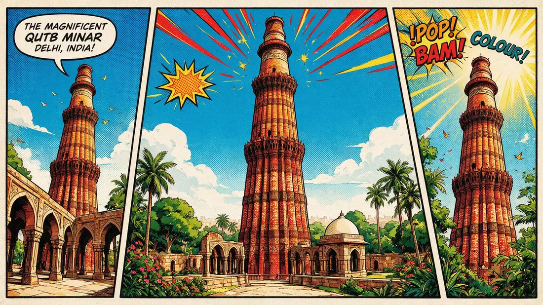 Pop-Art-Comic von Qutb Minar Delhi in Delhi, Indien mit Rasterpunkten