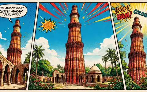 Pop-Art-Comicillustration des Wahrzeichens Qutb Minar Delhi in Delhi Indien, kraeftige Konturen Rasterpunkte und satte Farben - Foto: THN