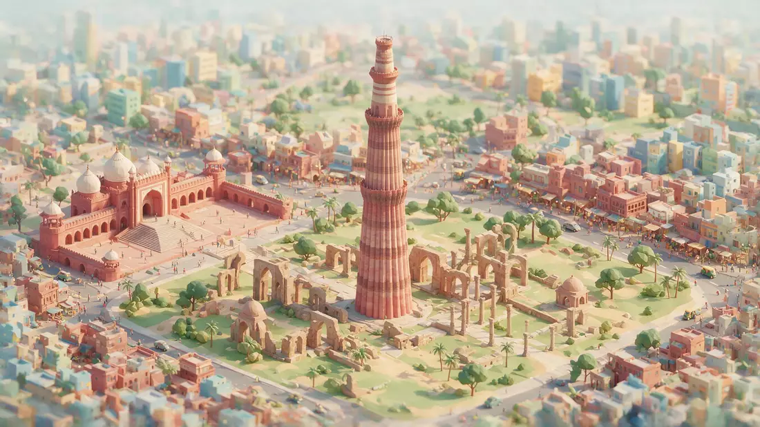 Isometrisches Diorama von Qutb Minar Delhi in Delhi, Indien in Pastell