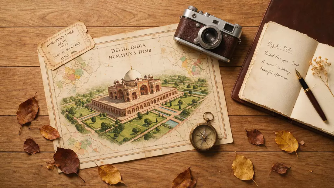 Flatlay-Reise-Arrangement rund um Humayun-Mausoleum Delhi in Delhi, Indien