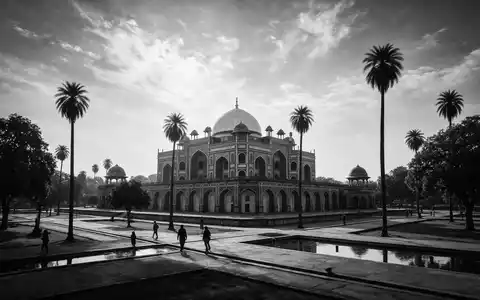 Schwarzweiss-Reportagebild vom Wahrzeichen Humayun-Mausoleum Delhi in Delhi Indien, dokumentarische Reisefotografie mit starken Kontrasten - Foto: THN