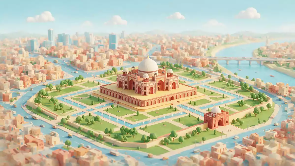 Isometrisches Diorama von Humayun-Mausoleum Delhi in Delhi, Indien in Pastell