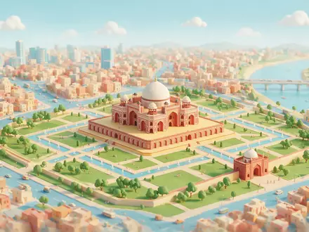 Isometrisches Diorama von Humayun-Mausoleum Delhi und Umgebung in Delhi Indien, verspielte Low-Poly-Kulisse in Pastellfarben - Foto: THN