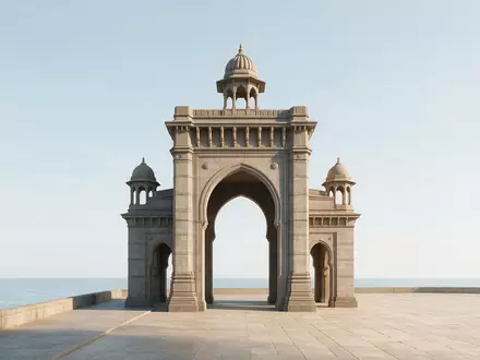 Moderner Architektur-Render zeigt Silhouette von Gateway of India Mumbai in Mumbai Indien, klare Linien und - Foto: THN