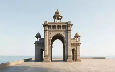 Moderner Architektur-Render zeigt Silhouette von Gateway of India Mumbai in Mumbai Indien, klare Linien und - Foto: THN
