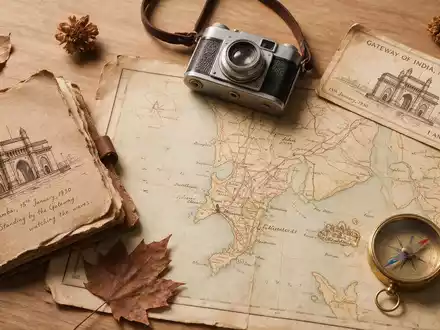 Flatlay-Reise-Arrangement rund um Gateway of India Mumbai in Mumbai Indien, Karte Kompass Kamera und generische - Foto: THN