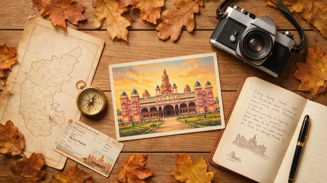 Flatlay-Reise-Arrangement rund um Mysore-Palast in Mysuru, Indien