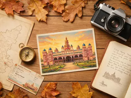 Flatlay-Reise-Arrangement rund um Mysore-Palast in Mysuru Indien, Karte Kompass Kamera und generische Reiserequisiten - Foto: THN