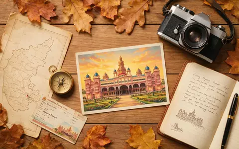 Flatlay-Reise-Arrangement rund um Mysore-Palast in Mysuru Indien, Karte Kompass Kamera und generische Reiserequisiten - Foto: THN