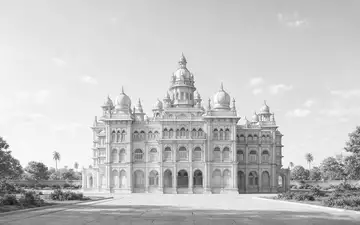 Moderner Architektur-Render zeigt Silhouette von Mysore-Palast in Mysuru Indien, klare Linien und neutrales Tageslicht - Foto: THN