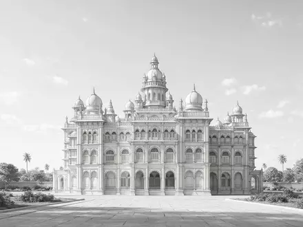 Moderner Architektur-Render zeigt Silhouette von Mysore-Palast in Mysuru Indien, klare Linien und neutrales Tageslicht - Foto: THN