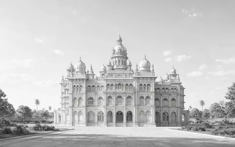 Moderner Architektur-Render zeigt Silhouette von Mysore-Palast in Mysuru Indien, klare Linien und neutrales Tageslicht - Foto: THN