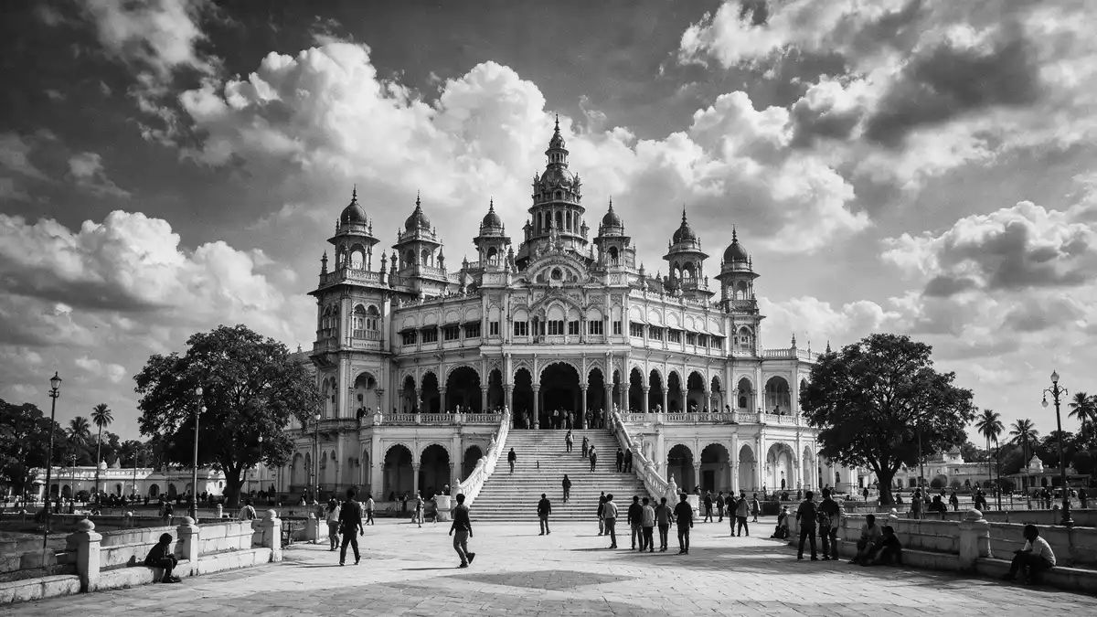 Schwarzweiss-Reportage vom Wahrzeichen Mysore-Palast in Mysuru, Indien