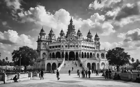 Schwarzweiss-Reportagebild vom Wahrzeichen Mysore-Palast in Mysuru Indien, dokumentarische Reisefotografie mit starken Kontrasten - Foto: THN