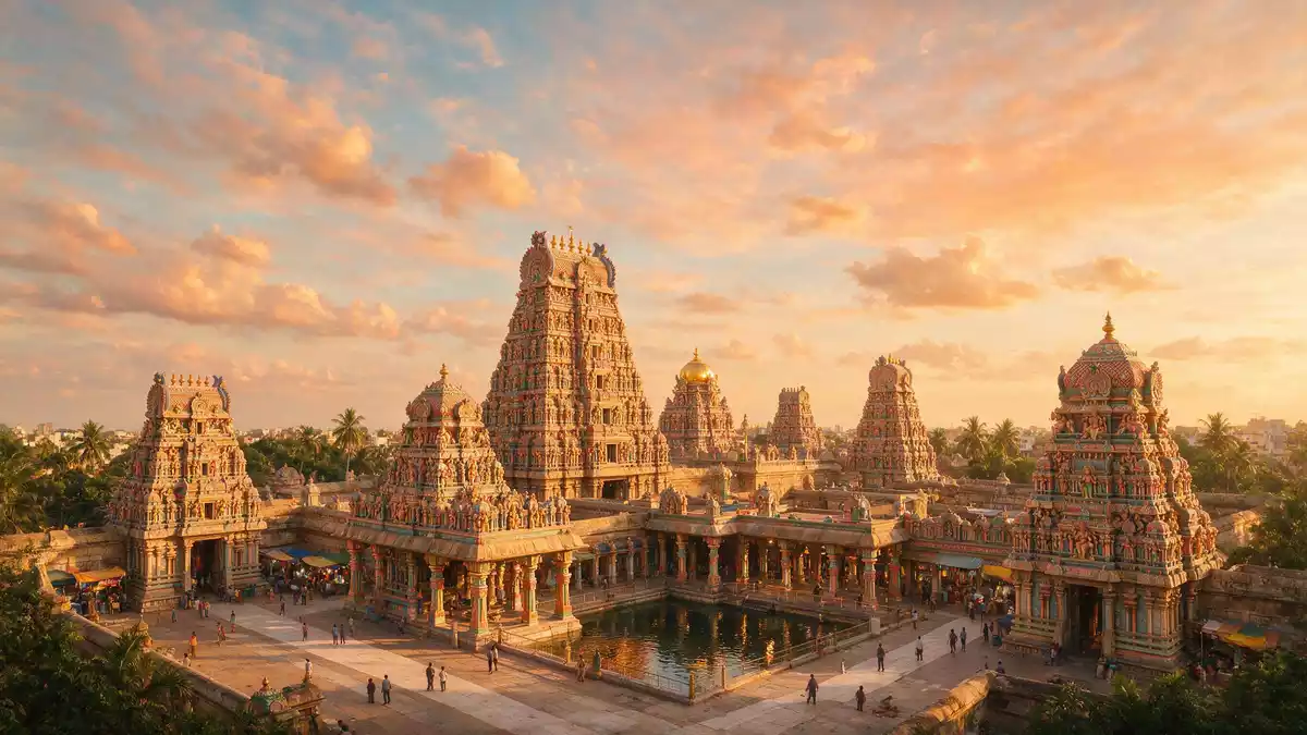 Fotorealistische Ansicht von Meenakshi-Tempel Madurai in Madurai, Indien im Abendlicht