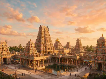 Fotorealistische Panoramaaufnahme von Meenakshi-Tempel Madurai in Madurai Indien, warmes Abendlicht auf Wahrzeichen - Foto: THN