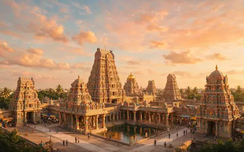 Fotorealistische Panoramaaufnahme von Meenakshi-Tempel Madurai in Madurai Indien, warmes Abendlicht auf Wahrzeichen - Foto: THN