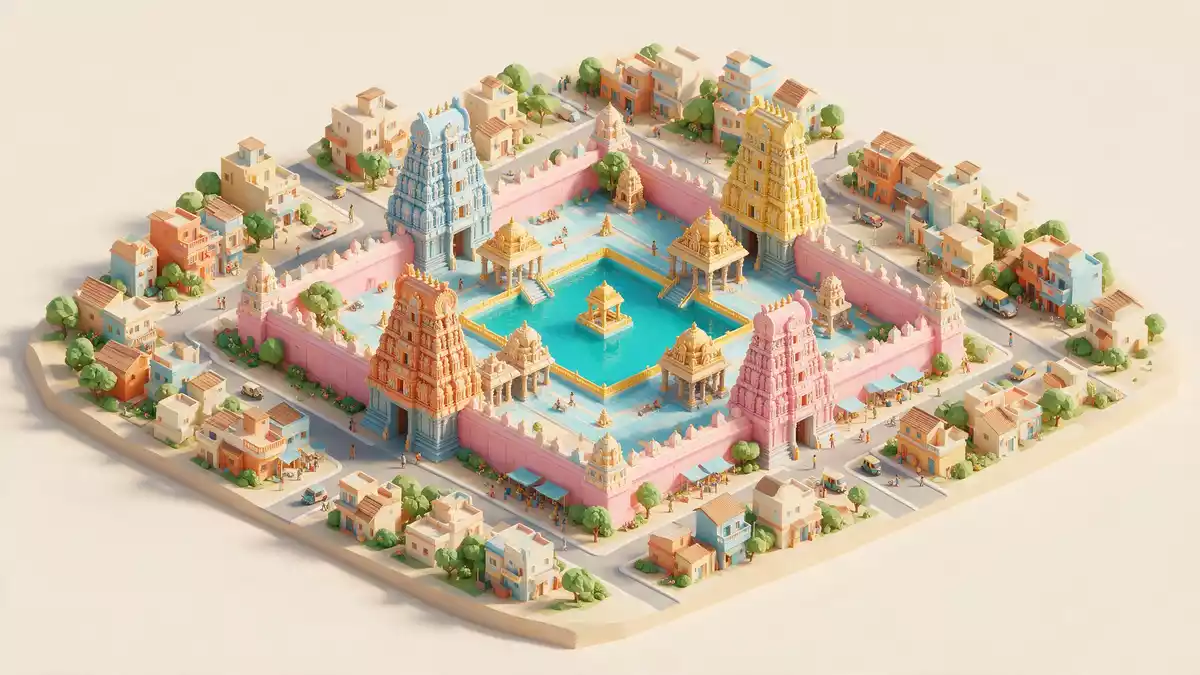 Isometrisches Diorama von Meenakshi-Tempel Madurai in Madurai, Indien in Pastell