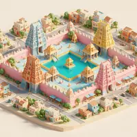 Isometrisches Diorama von Meenakshi-Tempel Madurai und Umgebung in Madurai Indien, verspielte Low-Poly-Kulisse in Pastellfarben - Foto: THN