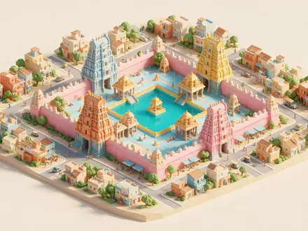 Isometrisches Diorama von Meenakshi-Tempel Madurai und Umgebung in Madurai Indien, verspielte Low-Poly-Kulisse in Pastellfarben - Foto: THN