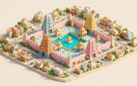 Isometrisches Diorama von Meenakshi-Tempel Madurai und Umgebung in Madurai Indien, verspielte Low-Poly-Kulisse in Pastellfarben - Foto: THN