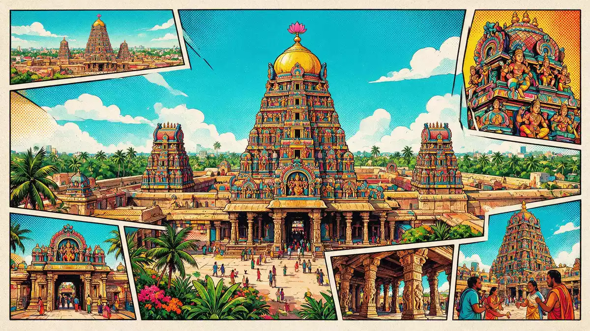Pop-Art-Comic von Meenakshi-Tempel Madurai in Madurai, Indien mit Rasterpunkten