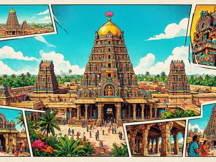 Pop-Art-Comicillustration des Wahrzeichens Meenakshi-Tempel Madurai in Madurai Indien, kraeftige Konturen Rasterpunkte und satte Farben - Foto: THN