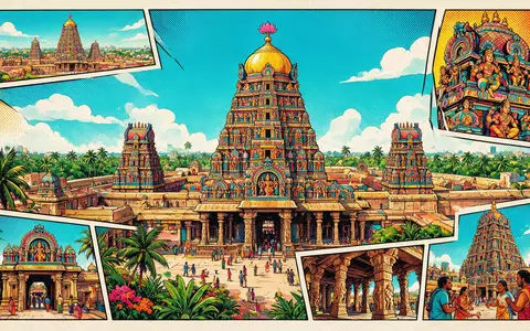 Pop-Art-Comicillustration des Wahrzeichens Meenakshi-Tempel Madurai in Madurai Indien, kraeftige Konturen Rasterpunkte und satte Farben - Foto: THN