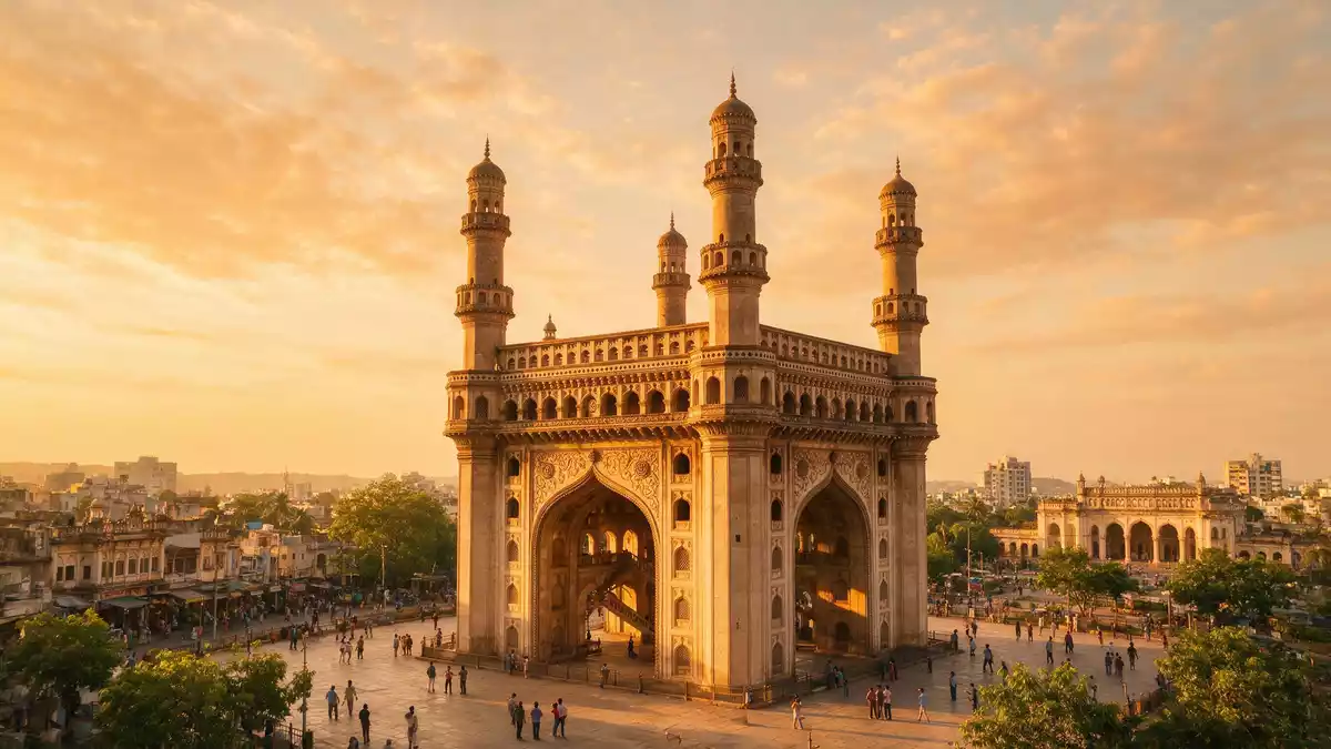Fotorealistische Ansicht von Charminar Hyderabad in Hyderabad, Indien im Abendlicht