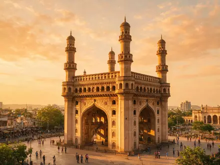 Fotorealistische Panoramaaufnahme von Charminar Hyderabad in Hyderabad Indien, warmes Abendlicht auf Wahrzeichen - Foto: THN