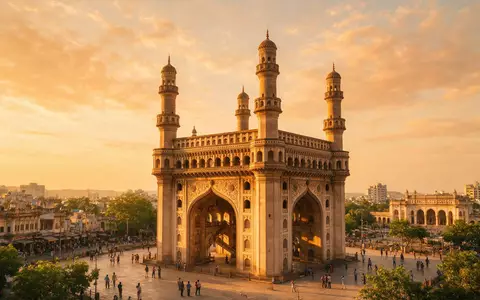 Fotorealistische Panoramaaufnahme von Charminar Hyderabad in Hyderabad Indien, warmes Abendlicht auf Wahrzeichen - Foto: THN