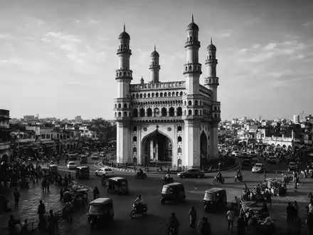 Schwarzweiss-Reportagebild vom Wahrzeichen Charminar Hyderabad in Hyderabad Indien, dokumentarische Reisefotografie mit starken Kontrasten - Foto: THN