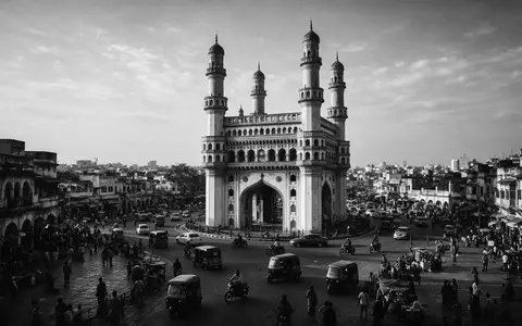 Schwarzweiss-Reportagebild vom Wahrzeichen Charminar Hyderabad in Hyderabad Indien, dokumentarische Reisefotografie mit starken Kontrasten - Foto: THN