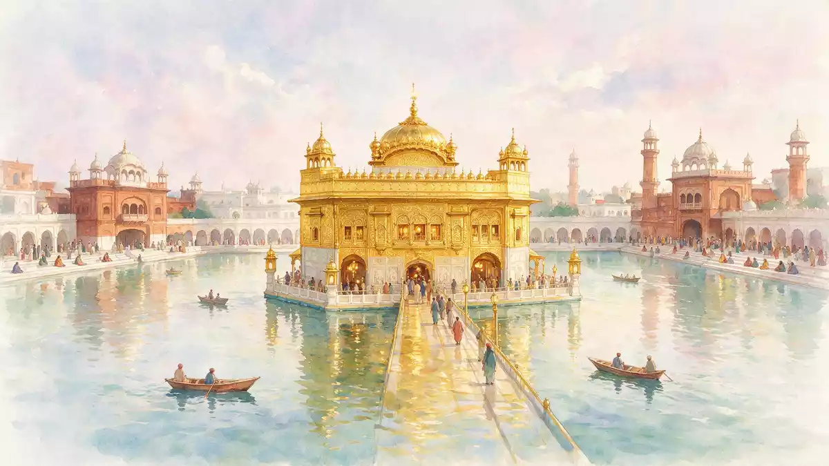 Aquarell-Illustration von Goldener Tempel Amritsar in Amritsar, Indien als Reiseposter