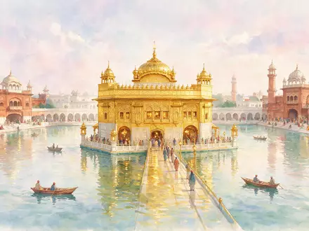 Aquarellillustration des Wahrzeichens Goldener Tempel Amritsar in Amritsar Indien, weiche Farbverläufe und pastelliges Reiseposter-Feeling - Foto: THN