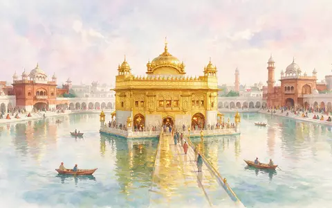 Aquarellillustration des Wahrzeichens Goldener Tempel Amritsar in Amritsar Indien, weiche Farbverläufe und pastelliges Reiseposter-Feeling - Foto: THN