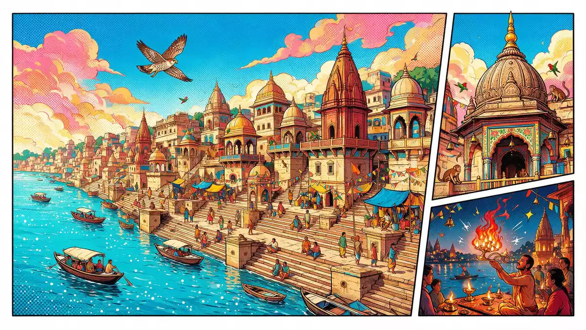 Pop-Art-Comic von Ghats von Varanasi in Varanasi, Indien mit Rasterpunkten
