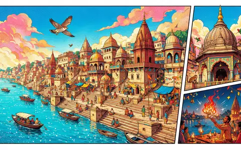 Pop-Art-Comicillustration des Wahrzeichens Ghats von Varanasi in Varanasi Indien, kraeftige Konturen Rasterpunkte und satte Farben - Foto: THN