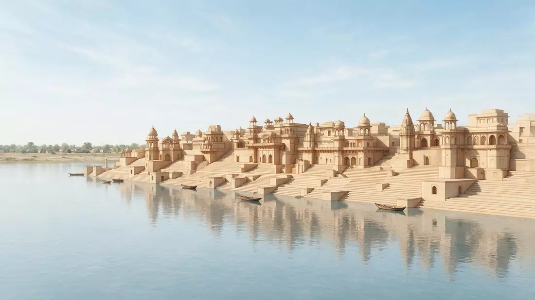 Architektur-Render von Ghats von Varanasi in Varanasi, Indien bei Tageslicht