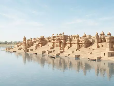 Moderner Architektur-Render zeigt Silhouette von Ghats von Varanasi in Varanasi Indien, klare Linien und neutrales - Foto: THN