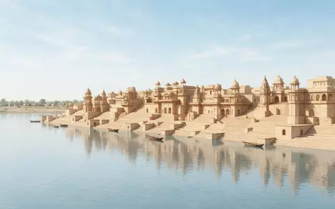 Moderner Architektur-Render zeigt Silhouette von Ghats von Varanasi in Varanasi Indien, klare Linien und neutrales - Foto: THN