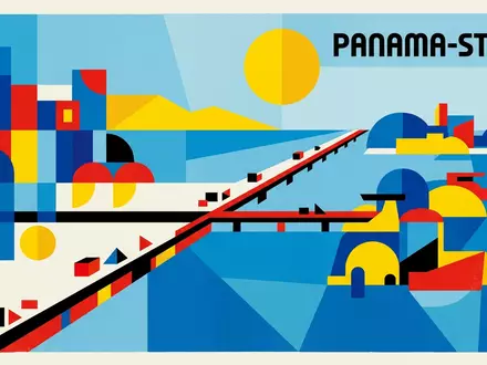 Bauhaus-Poster als geometrische Abstraktion von Amador Causeway in Panama-Stadt Panama, kraeftige Grundfarben und harte Formkanten - Foto: THN