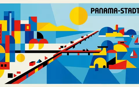 Bauhaus-Poster als geometrische Abstraktion von Amador Causeway in Panama-Stadt Panama, kraeftige Grundfarben und harte Formkanten - Foto: THN