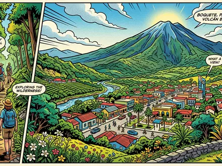 Pop-Art-Comicillustration des Wahrzeichens Boquete in Boquete Panama, kraeftige Konturen Rasterpunkte und satte Farben - Foto: THN