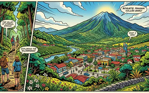 Pop-Art-Comicillustration des Wahrzeichens Boquete in Boquete Panama, kraeftige Konturen Rasterpunkte und satte Farben - Foto: THN
