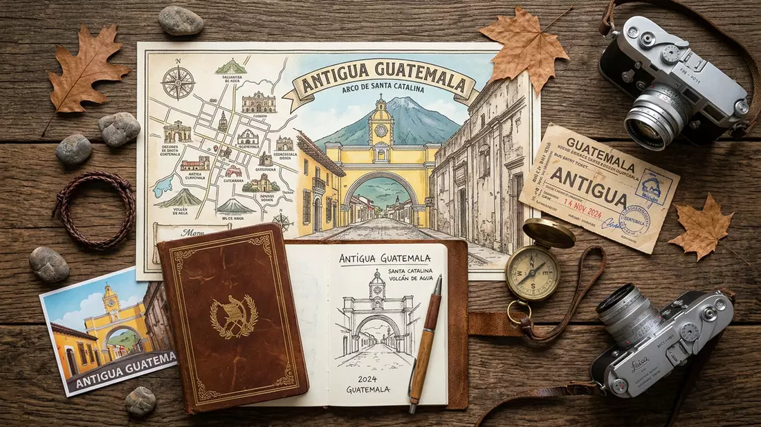 Flatlay-Reise-Arrangement rund um Arco de Santa Catalina in Antigua Guatemala, Guatemala