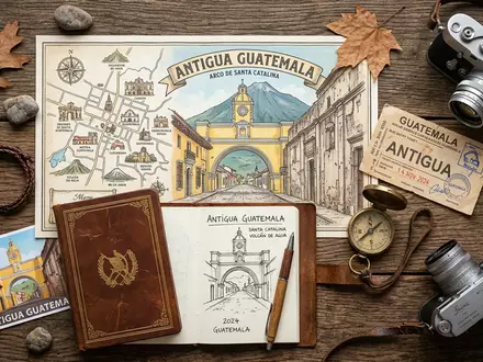 Flatlay-Reise-Arrangement rund um Arco de Santa Catalina in Antigua Guatemala Guatemala, Karte Kompass Kamera und - Foto: THN
