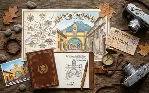 Flatlay-Reise-Arrangement rund um Arco de Santa Catalina in Antigua Guatemala Guatemala, Karte Kompass Kamera und - Foto: THN